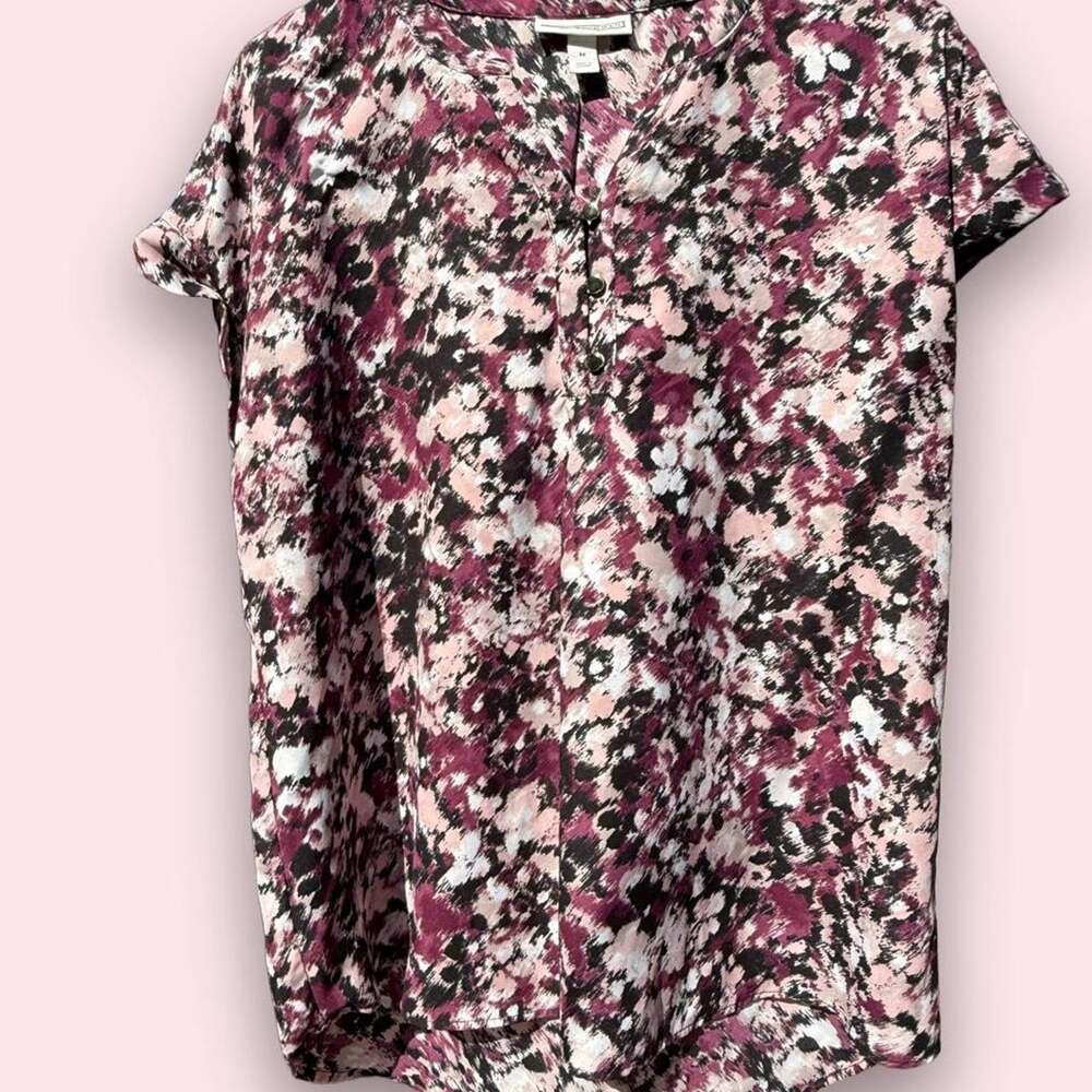 Dana Buchman Abstract Floral Print Tunic Blouse Pink Purple Black Short Sleeve M